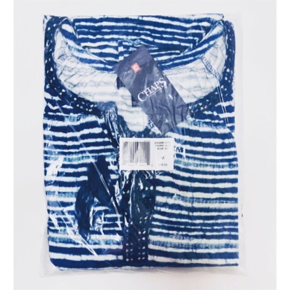 Chaps Womens Blue White Striped Lace Up Elbow Sleeve Peasant Blouse Sz M New - Picture 3 of 6